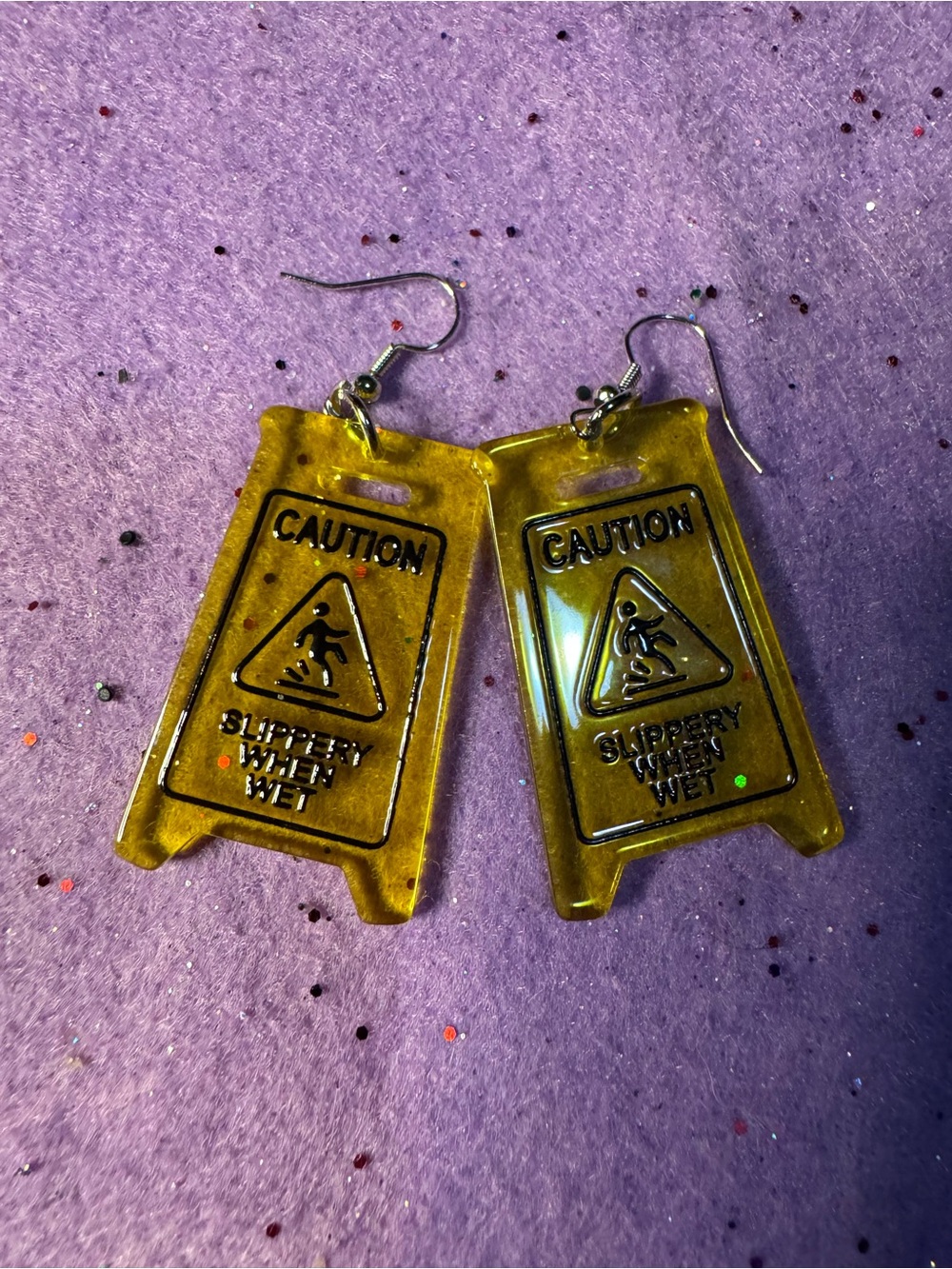 Yellow 'Caution Slippery When Wet' Novelty Earrings - Unbranded